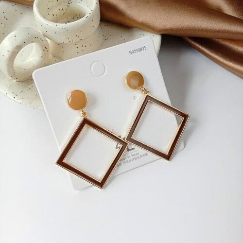 Korean Fashion Brown Geometric Big Square Earrings for Women Exaggerated Vintage Simple Hollow Round Earring Jewelry 2021