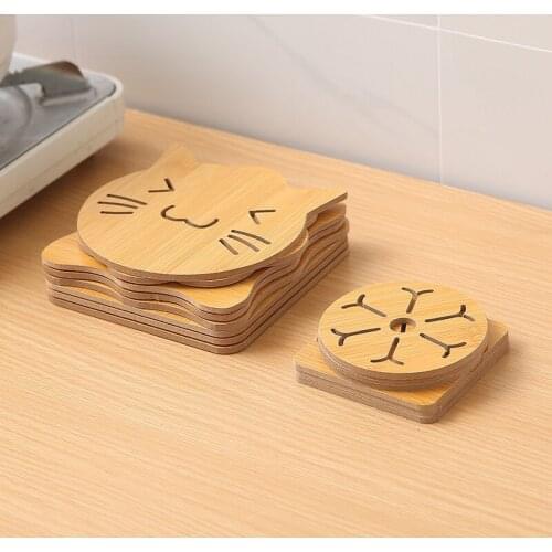 Kitchen Bamboo Hollow Wooden Coaster Thick Anti-Scalding Cartoon Insulation Pad Table Mat Non-Slip Pot Mat Bowl Mat Tray Mat