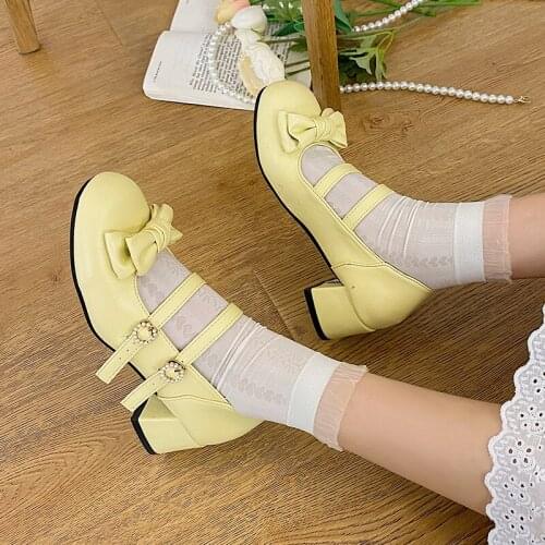 Spring Autumn Sweet Girl Mary Jane Cute Round Head Heels Student Anime Cosplay Harajuku Kawaii Bow Double Buckle Female Fashion