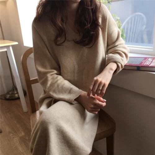 Fashion Womens Sweater Skirt Thin V-neck Multicolor Rabbit Fur Knit Dress Thick Loose Long Skirt