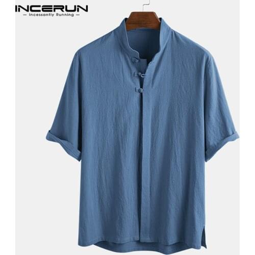 Men Cotton Shirt Solid Color Mandarin Collar 2021 Short Sleeve Button Casual Men Clothing Vintage Camisa Masculina INCERUN 3XL 7