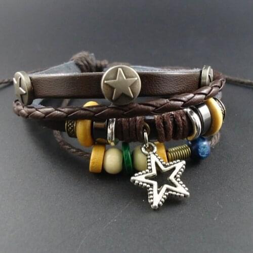 2014 New Wrap Cuff Genuine Leather Men Wood Beads Vintage Five Point Star charm Bracelets & Bangles Jewelry for Women Wholesale