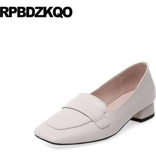 Genuine leather low heels block shoes for women beige size 33 thick high quality brown slip on 2019 pumps chunky square toe 4 34