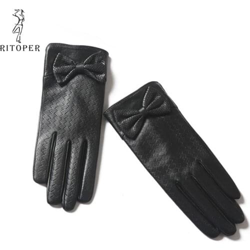 RITOPER Womens Genuine Leather Gloves Black Real Sheepskin Touch Screen Gloves Winter Bow Wool Thick Warm Fashion Short New