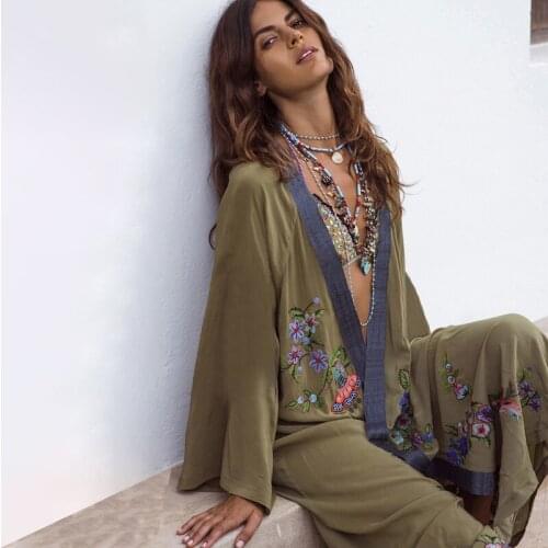 Flowers Embroidery Beach Kimono Holiday Army Green Vintage Swimwear Cover-Ups Long Sleeve Autumn 2021 Outer Cover