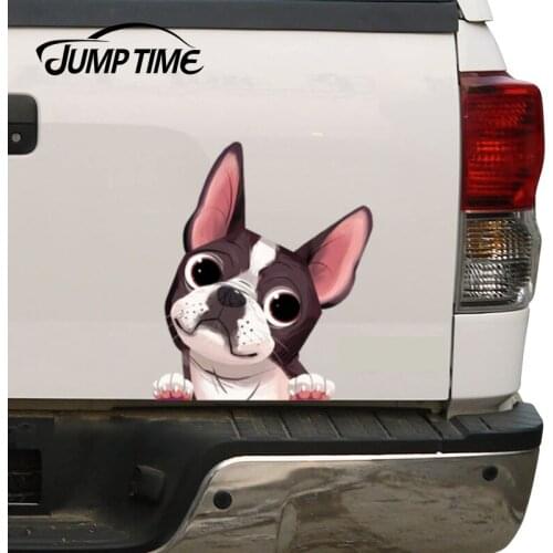 Jump Time 13cm x 11.1cm Boston Terrier Car Window Sticker Decal Waterproof Vinyl Racing Funny Dog Decals Bumper Car Assessoires