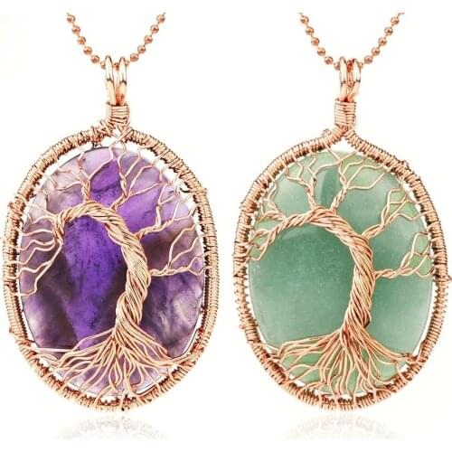 Trendy Natural stone pendant necklace jewelry copper wire binded tree design multi colors for options