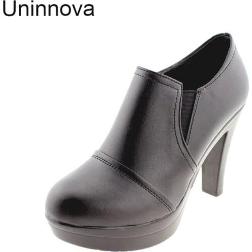 Uninnova Womens Shoes Split Leather Platform High Heels Office Lady Court Shoes Zapato Femenino Black Brown WP030