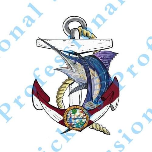 Funny 13cm x 9.7cm Florida Flag Anchor with Marlin Vinyl Decal Car Truck RV Boat Waterproof Car Stickers Cartoon Graphics