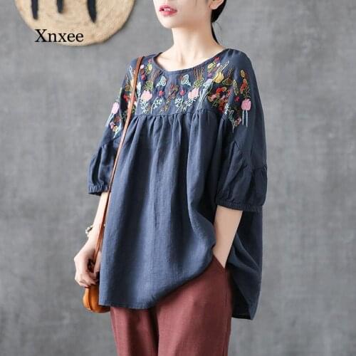Boho Floral Embroidery Tunic Linen Shirt Women Vintage Cotton High Quality Tops Blouse Plus Size Casual Lady Japanese Clothes