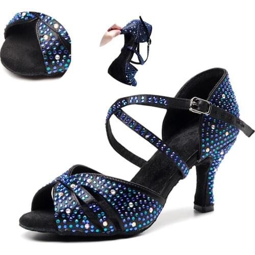 Women Rhinestone Latin Dance Shoes Black High Heel Latino Ballroom Dancing Shoes For Girls Practice Tango Dance-shoes For Ladies