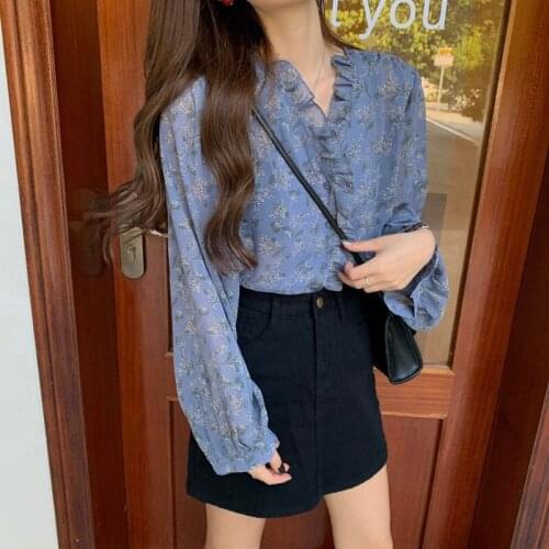 Autumn Cardigan Print Floral Women Shirts Sweet Slim Chiffon Blouse Women Puff Sleeve Korea Women Tops and Blouses Blusas 10314