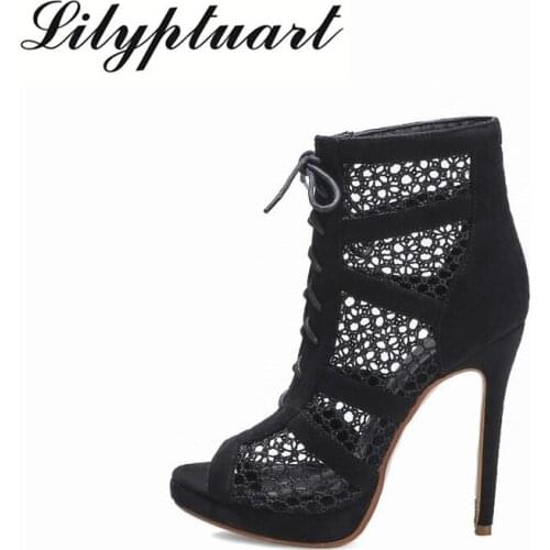 European and American open-toed sandals womens 2021 summer new fine-heeled mesh hole Roman high-heeled cool boots heels women