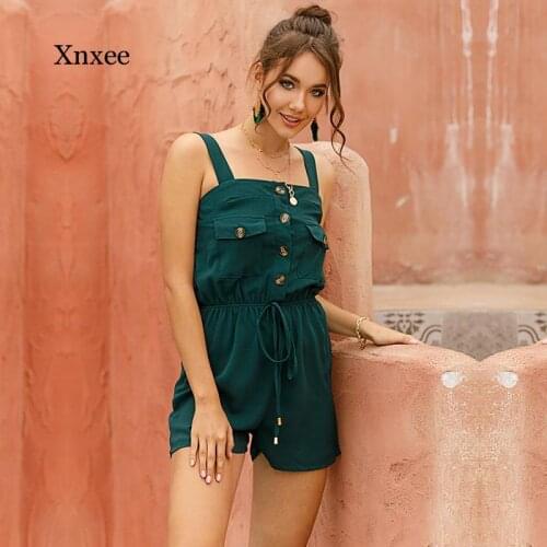 Womens Playsuits Solid Sleeveless Suspender Button Patchwork Pockets High Waist Lace Up Backless Loose Jumpsuits