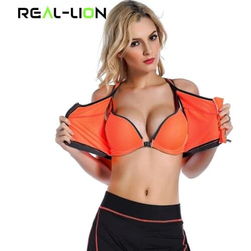 RealLion Zipper Sports Bra Women Fitness Yoga Bra Push Up Padded Top Underwear Running Vest Gym Workout Running Tops Sportswear