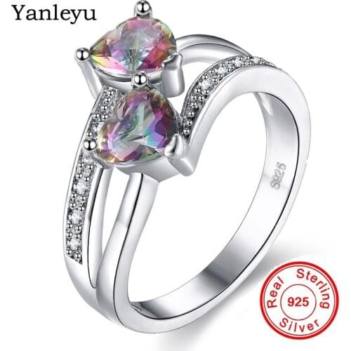 Yanleyu Double Heart Colorful Zircon Ring Solid 925 Sterling Silver Wedding Engagement Rings for Women Anniversary Gift PR010