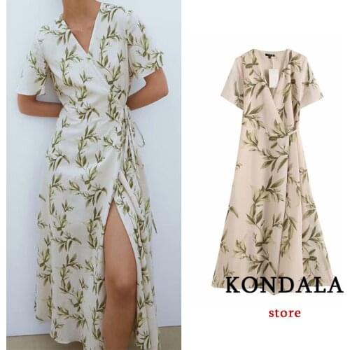 KONDALA Women Vintage Chic Floral Print Midi Dress V Neck Sashes Side Split Summer Dress Elegant Mujer Vestidos