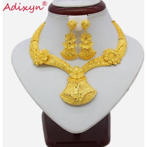 Adixyn New Dubai Flower Earrings Necklace Jewelry set for Women 24k Gold Color African Arab Indian Bride Wedding Jewelry