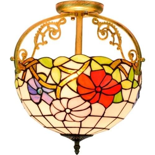 European Rural red morning glory festive corridor semi ceiling lamp Tiffanys stained glass bar, coffee shop, balcony light