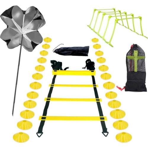 Soccer Fitness Speed Rungs Football Agility Ladder Training Equipment Kit with Resistance Parachute Disc Cones Bags