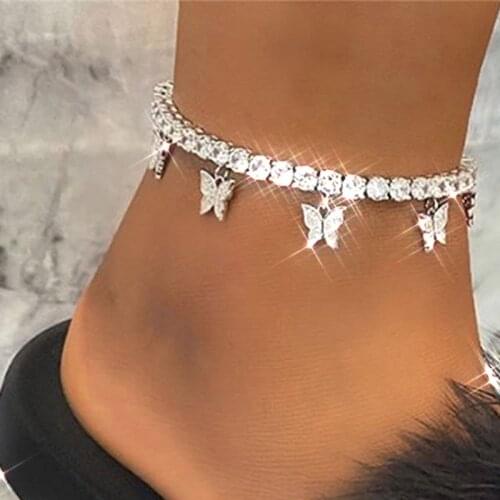 INS Fashion Butterfly anklet Rhinestone Tennis Chain Foot Chain Jewelry for Women Summer Beach Anklet Butterfly Barefoot Chain