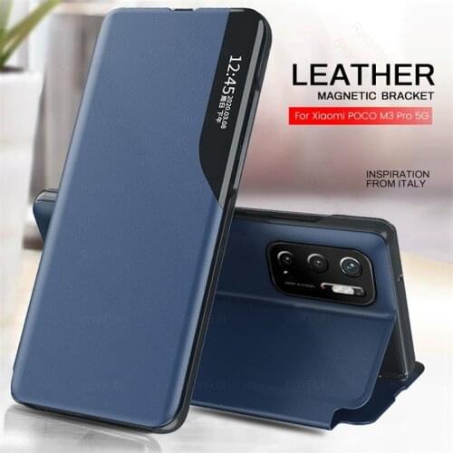 Leather smart side view window magnetic bracket flip case for xiaomi poco m3 pro m3pro little poko m 3 pro 5g 6.5' protect shell