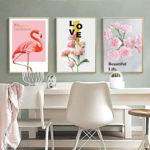 Beautiful Life Fresh Flower Canvas Painting Pink Carnation Flamingo LOVE Poster Wall Art Pictures For Living Room Home Decor