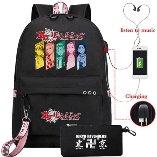 2PCS Tokyo Revengers Anime Fashion Backpack + Pencil Cases School Bag Bookbag Women Men USB Travel Shoulder Laptop Bags