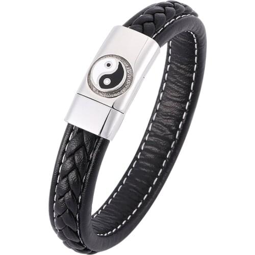 Chinese Style Tai Chi Ying Yang Bracelet Men Black Braided Leather Wristband Bracelet Male Punk Jewelry Magnetic Buckle SP0352