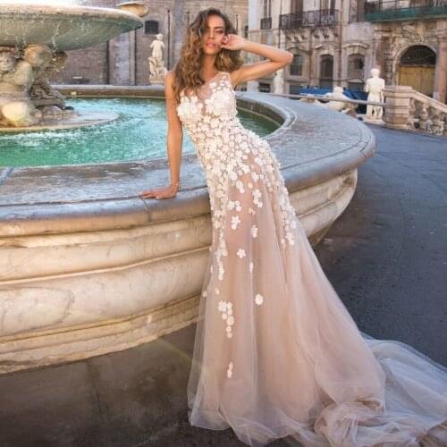 New Sheath O-Neck Wedding Dresses Tulle Gowns 3D Flowers Custom Made Bridal Dress vestido de noiva