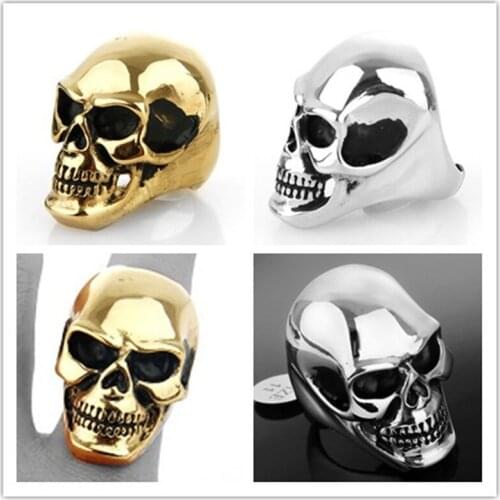 New Black Eyes 316L Stainless Steel Mens Cool Skeleton Skull Silver Or Gold color Rings Biker Jewelry US 7-15# Best Quality
