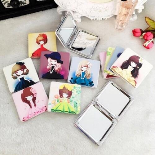 Cartoon girl square PU+metal Portable pocket mirror foldable makeup mirror Architectural landscape Cosmetic mirrors