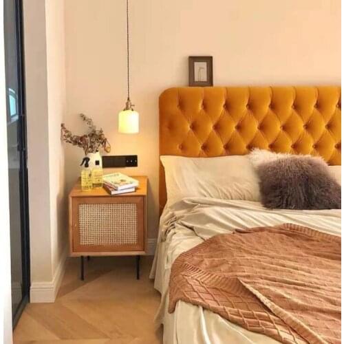 Rattan bedside table iron solid wood storage cabinet modern simple storage cabinet bedroom Nordic retro small side cabinet