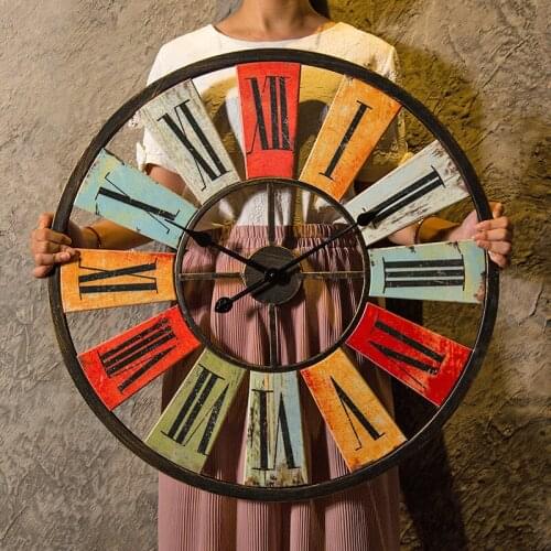 Industrial Iron Wall Clock Vintage Silent Metal Art Wall Clock Wooden Round Living Room Reloj Pared Home Decortion WF50WC