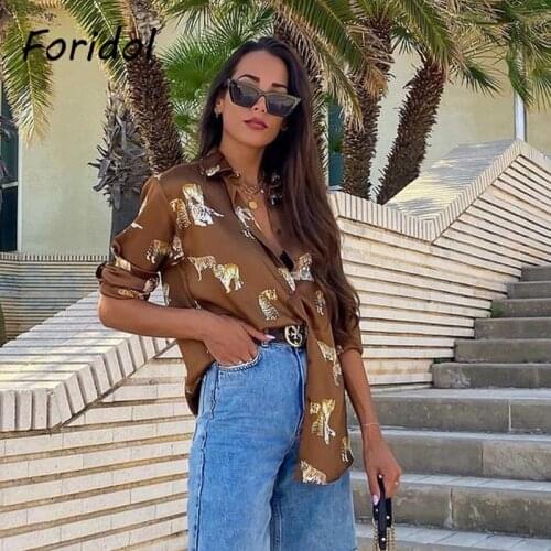 Foridol Animal Print Chiffon Oversized Blouse Tops Women Button Up Brown Tiger Print Ladies Casual Blouse Shirts 2021