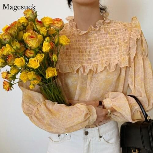 Stand Print Chiffon Shirt Tops Women Long Sleeve Pleated Vintage Blouses For Women Korean Slim Ruffles Casual Shirts Chic 16465