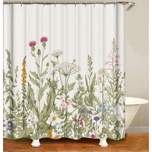 Floral Herbs Shower Curtains Vintage Botanical Pink Wild Flowers Grass Leaf Plants Fabric Decor Set with 12 Pack Hooks
