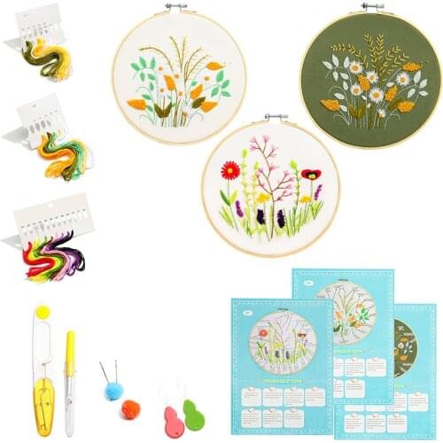 Embroidery Starter Kit with Pattern Stamped Including Embroidery Cloth with Pattern, Bamboo Embroidery Hoop Threads Needles Kit