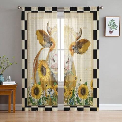 American Country Style Sunflower Cow Sheer Curtains for Living Room Modern Voile Curtain Bedroom Tulle Curtains Window Drapes