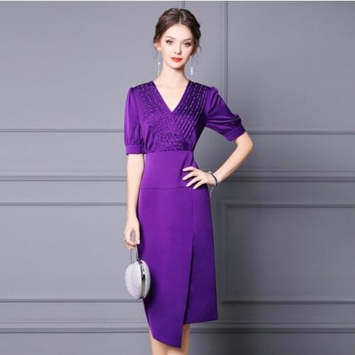 Woman Purple Half Sleeves Medium Pencil Skirt Summer Elegant Style Patchwork Knee-Length Lady Empire Dress V-Neck Spring Dresses