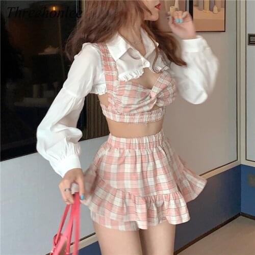 Korean Summer Women Three Piece Sets Sexy Short Ruffles Shirt Plaid Bow Suspender Mini Elastic High Waist Skirt Holiday Suits
