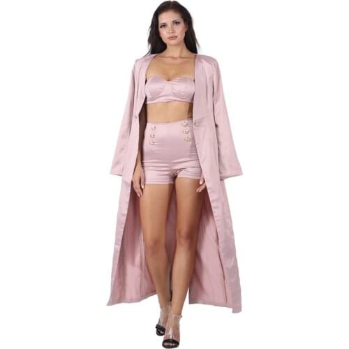 Quality Satin Bra Long Coat 3 Piece Set Party Women Long Sleeve Runway Plunge V Neck Going Out Maxi Coat