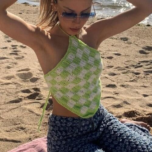 Women Halter Crop Tops Knitted Plaid Print Sleeveless Cross Tie Backless Camisole Beach Style Y2K Aesthetic Mini Vest Summer