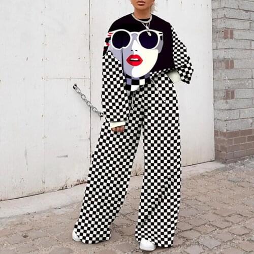 2021 Spring Print Elegant Women Two-Piece Sets New Fashion Autumn Casual Sweatshirt And Wide Leg Pants Suit Streetwear Tracksuit