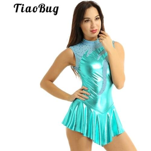 Women Shiny Metallic Sleeveless High Neck Ballet Gymnastics Leotard Figure Skating Dress Performance Competition Dance Costume