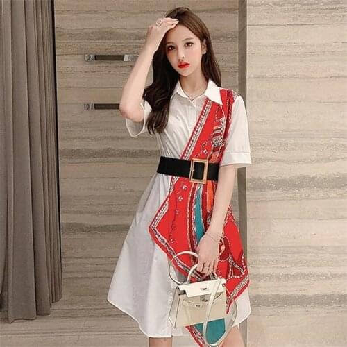 2021Ladies dress stitching belt shirtdress Irregular scarf Lapel short sleeve top for women summer dress Streetwear female dress