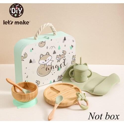 1Set Wooden Feeding Tableware Sets Food Wooden Bowl Plate Grade Baby Silicone Cat Cups Infant Feeding Sets for Baby Birth Gift