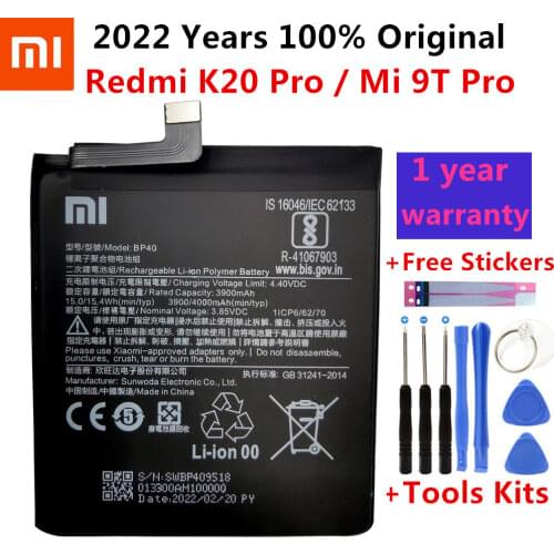 100% Original Battery For Xiaomi Redmi K20 Pro / Mi 9T Pro 3900mAh BP40 Replacement Li-ion Polymer Phone Battery Repair Parts