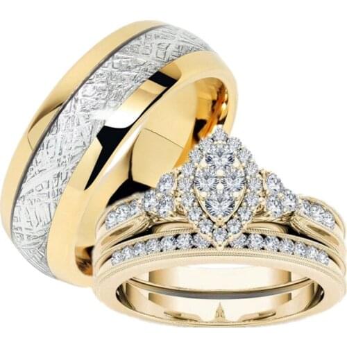2PCS/SET Luxury Fashion 14K Solid Gold Couple Ring Her and His Romantic Wedding Engagement Diamond Ring Lover Jewelry