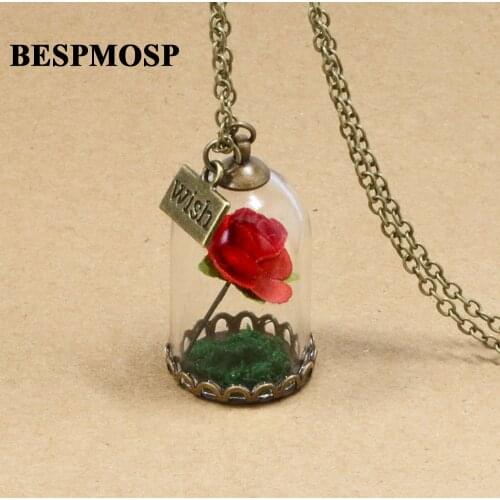 24PC/Lot Wholesale Wish Beauty And The Beast Natural Red Forever Rose Flower Glass Bottle Pendant Necklace Women Girl Best Gifts